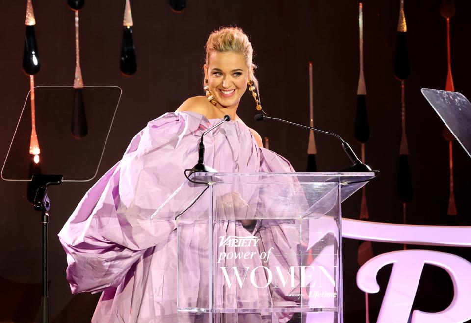 Honoree Katy Perry accepts an award onstage during Variety's Power of Women Presented by Lifetime at Wallis Annenberg Center for the Performing Arts on September 30, 2021 in Beverly Hills, California.