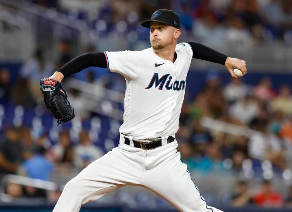 Miami Marlins starting pitcher Braxton Garrett (29) pitches in the first inning during the game against the San Diego Padres at loanDepot Park in Miami on Wednesday, May 31, 2023.