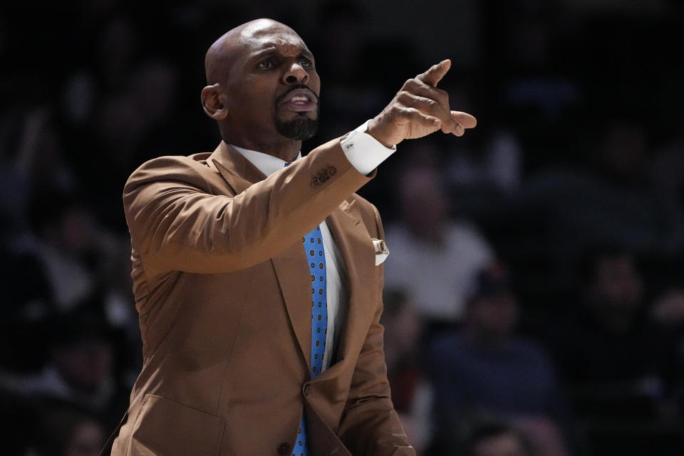 Vanderbilt head coach Jerry Stackhouse yells at his players during the first half of an NCAA college basketball game against the Auburn, Wednesday, Jan. 17, 2024 in Nashville, Tenn. (AP Photo/George Walker IV)