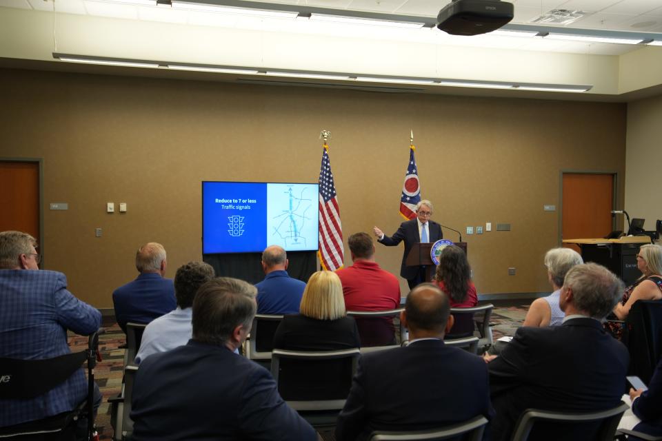 Ohio Governor Mike DeWine speaks about the proposed US Route 23 Connect project at Columbus State Community College in Delaware, Ohio, on Monday, June 17.