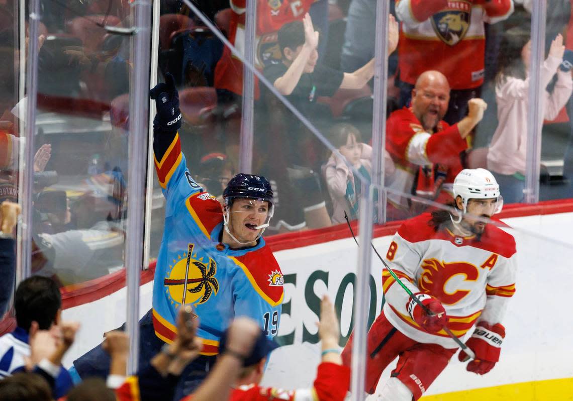 Florida Panthers left wing Matthew Tkachuk (19) celebrates after scoring a goal during the third period of an NHL game against Calgary Flames at FLA Live Arena on Saturday, November 19, 2022 in Sunrise, Fl.