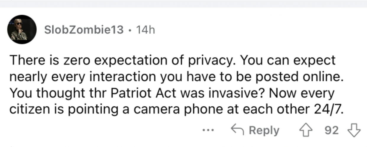 Reddit screenshot about privacy being very limited nowadays.