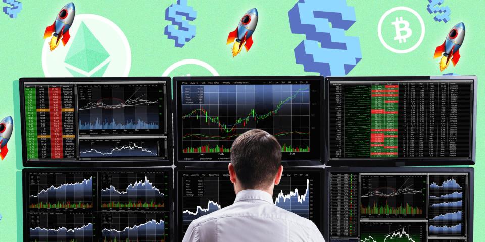Man looking at stocks on multiple computer screens against a green background with pixelated dollar signs, Bitcoin and Ethereum tokens and rocket ship emojis