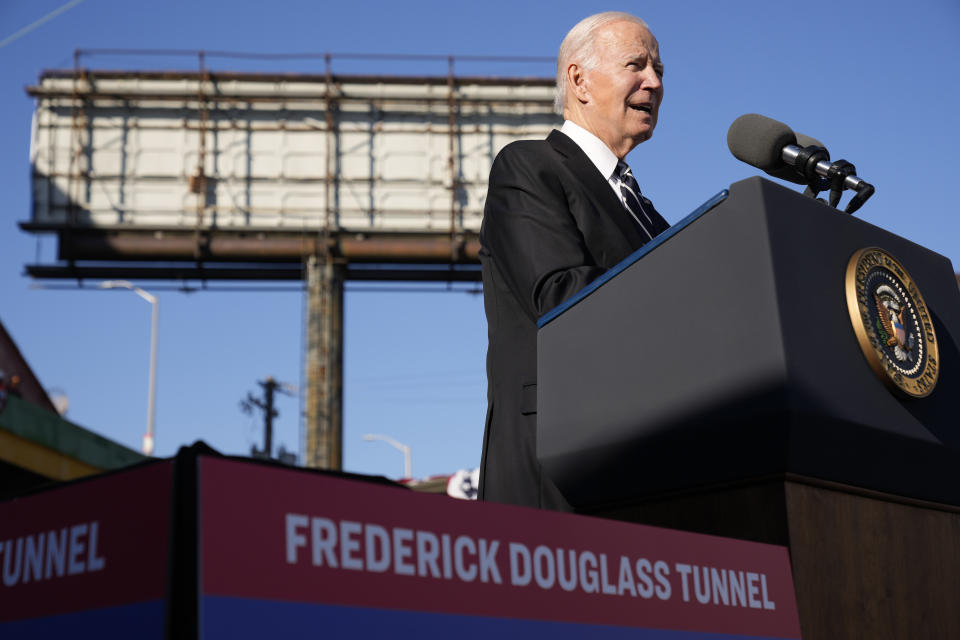 President Joe Biden speaks about infrastructure at the Baltimore and Potomac Tunnel North Portal in Baltimore, Monday, Jan. 30, 2023. (AP Photo/Andrew Harnik)