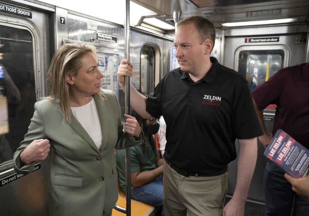 New York Republican candidate for governor, Rep. Lee Zeldin, and Lt. Gov. candidate Alison Esposito head downtown on a 6 train after a press conference at Lexington Ave. and 59th St. in Manhattan on Friday, Sept, 16. 