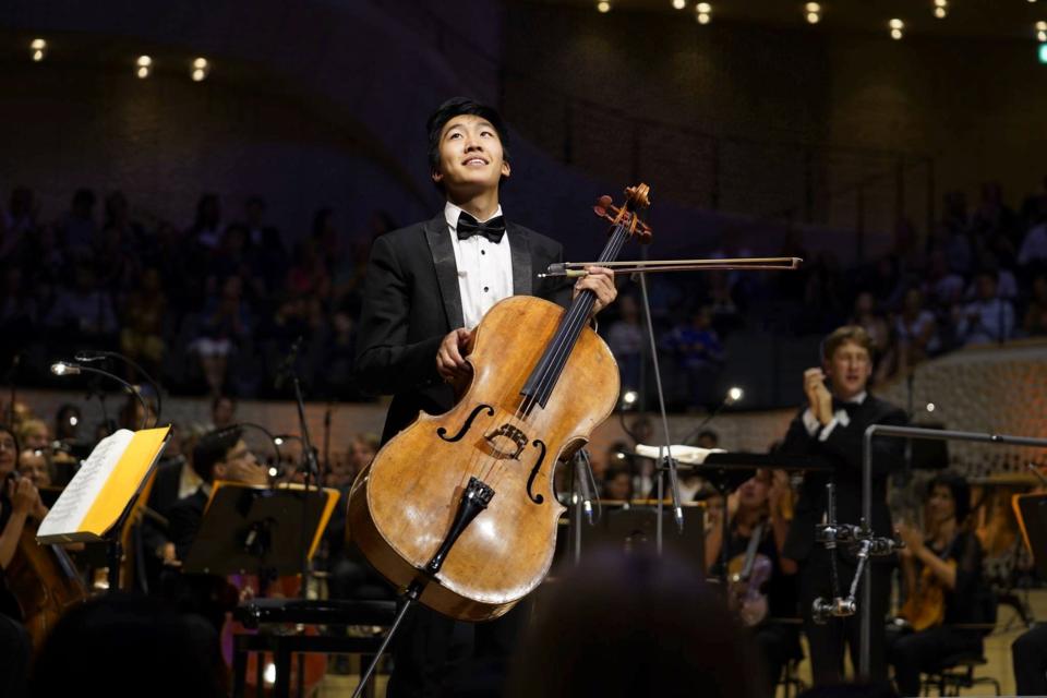 Bryan Cheng with his Stradivari cello. Every instrument has its own personality, Cheng said.