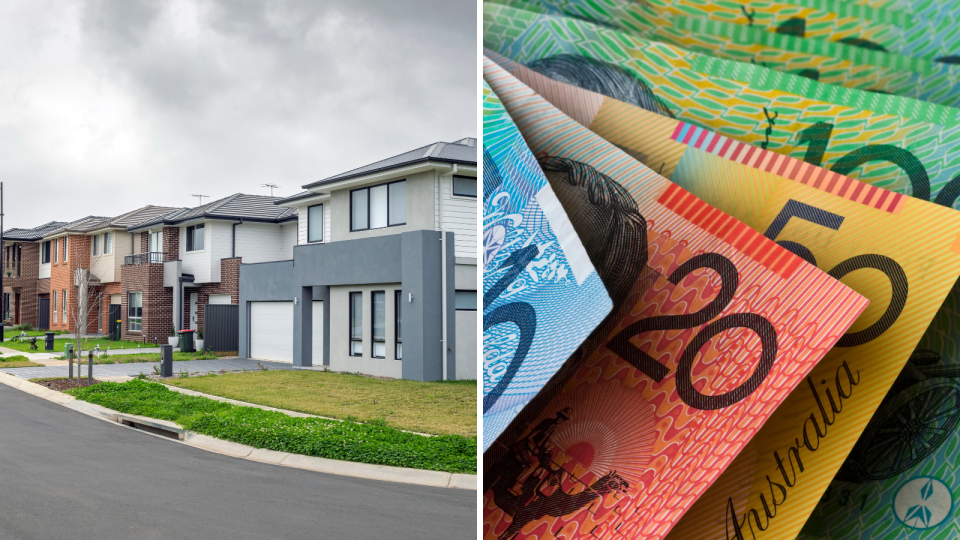 Homes on the street in Australian. Australian money notes saving. Mortgage home loan concept.