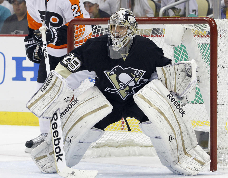 PITTSBURGH, PA - APRIL 20: Marc-Andre Fleury #29 of the Pittsburgh Penguins protects the net against the Philadelphia Flyers in Game Five of the Eastern Conference Quarterfinals during the 2012 NHL Stanley Cup Playoffs at Consol Energy Center on April 20, 2012 in Pittsburgh, Pennsylvania. The Penguins defeated the Flyers 3-2. (Photo by Justin K. Aller/Getty Images)