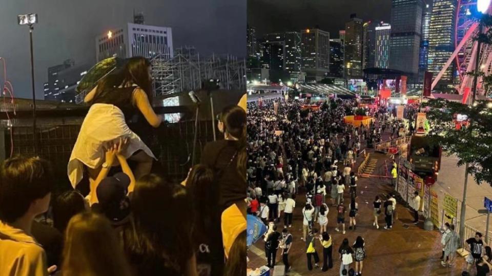 周杰倫昨晚在香港開唱，場外人潮相當驚人，甚至有女粉絲爬牆搶看。（圖／翻攝自星娛小馬甲微博微博）