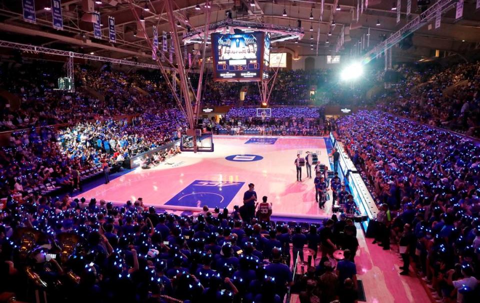 Fans fill Cameron Indoor Stadium before Countdown to Craziness in Durham, N.C., Friday, October 15, 2021.