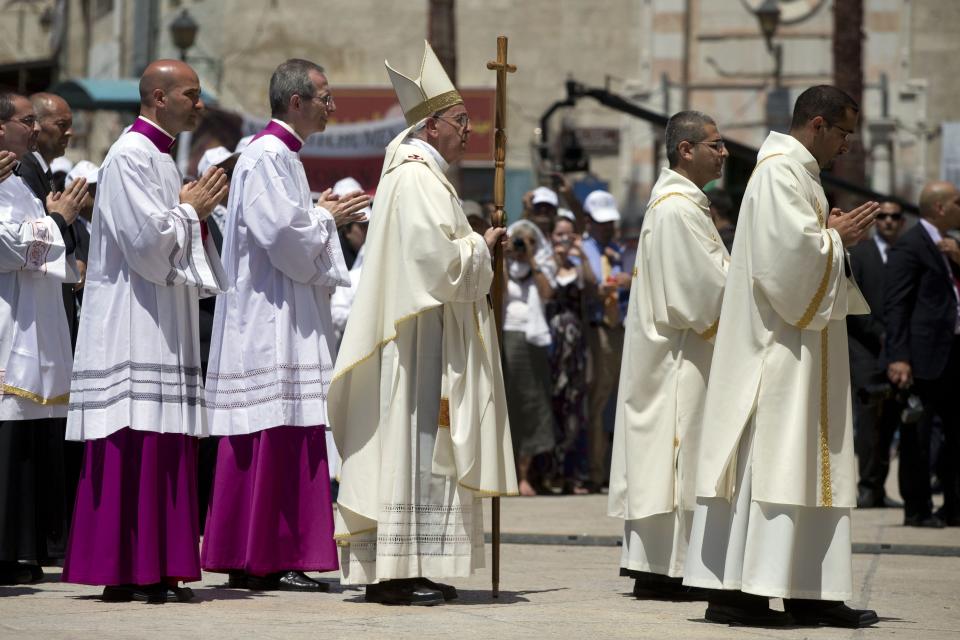 Pope Francis celebrates mass in Manger Square next to the Church of the Nativity, in the West Bank city of Bethlehem