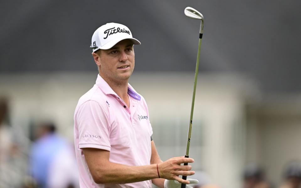 Justin Thomas of the United States reacts on the 18th green during the final round of the Wyndham Championship at Sedgefield Country Club on August 06, 2023 in Greensboro, North Carolina