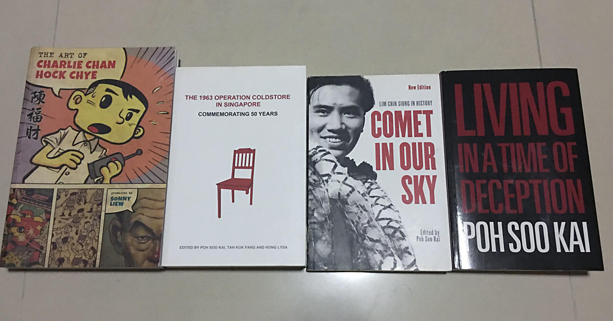 A set of books that run counter to the dominant national narrative on Operation Coldstore. (Left to right): “The Art of Charlie Chan Hock Chye” by Sonny Liew, “The 1963 Operation Coldstore in Singapore – Commemorating 50 Years”, “Comet in Our Sky” – a collection of essays on secretary-general of Barisan Sosialis Lim Chin Siong, and “Living In A Time of Deception” by ex-Coldstore detainee Poh Soo Kai