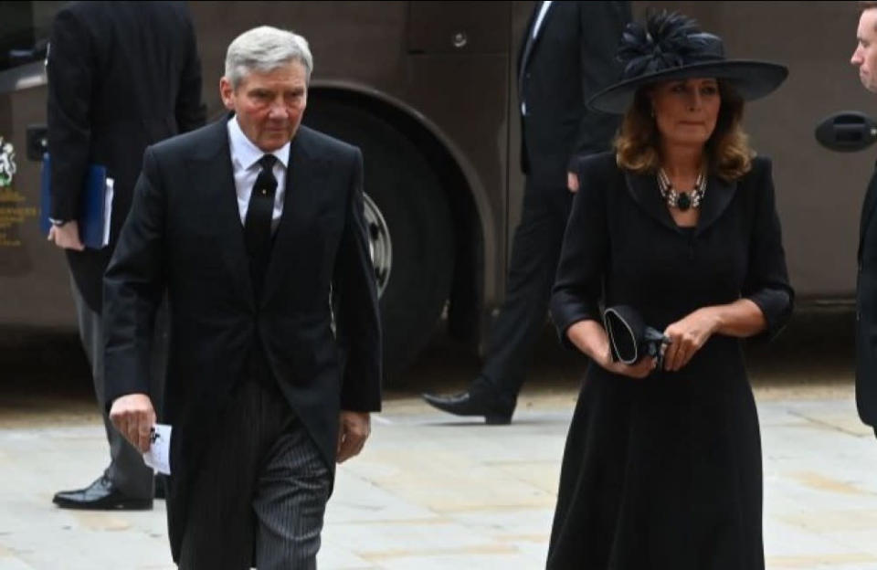 Carole and Michael Middleton were among the mourners in attendance at Queen Elizabeth's funeral. The parents of Catherine, Princess of Wales, arrived at Westminster Abbey at around 9am with other VIP guests. They were followed soon after by Tom Parker Bowles, the son of Camilla, Queen Consort. The trio were all among VIP guests who had met at the Royal Hospital Chelsea before travelling by coach through central London to the venue. A number of British politicians, past and present, were also among the first arrivals, including Ben Wallace, Nadhim Zahawi and Jacob Rees-Mogg. Celebrities at the funeral include TV adventurer Bear Grylls.