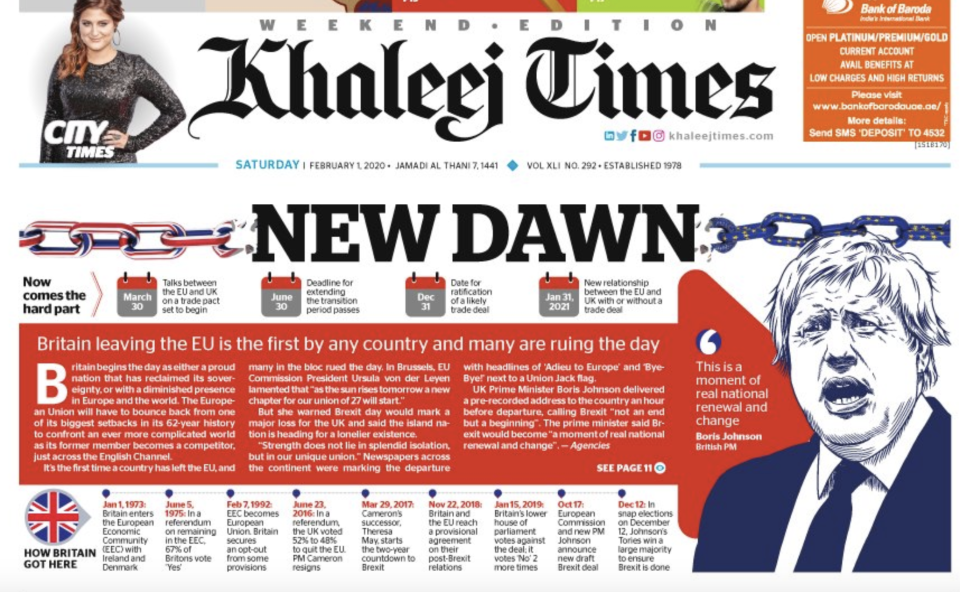 The UAE's Khaleej Times described Brexit as a "new dawn" and featured a timeline of how the UK came to leave.