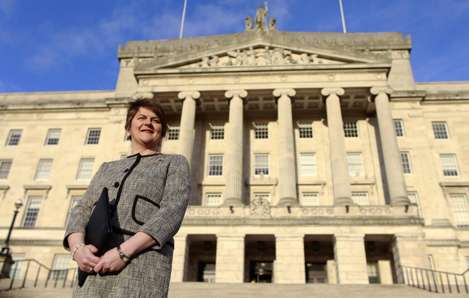 FILE - In this Monday, Jan. 11, 2016 file photo newly elected Northern Ireland First Minister Arlene Foster who is also the Democratic Unionist Party leader faces the media outside Parliament Buildings, Storming, Belfast, Northern Ireland. Foster, the leader of Northern Ireland announced her resignation on Wednesday, April 28 after party members mounted a push to oust her over her handling of the fallout from Brexit and other issues. Foster said she would step down as leader of the Democratic Unionist Party on May 28 and as First Minister of Northern Ireland at the end of June. (AP Photo/Peter Morrison, File)