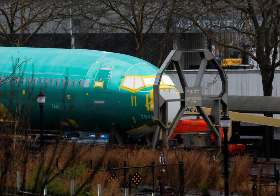 A Boeing 737 Max fuselage is seen parked on a track outside the company's production facility in Renton, Washington, U.S. January 10, 2020. REUTERS/Lindsey Wasson