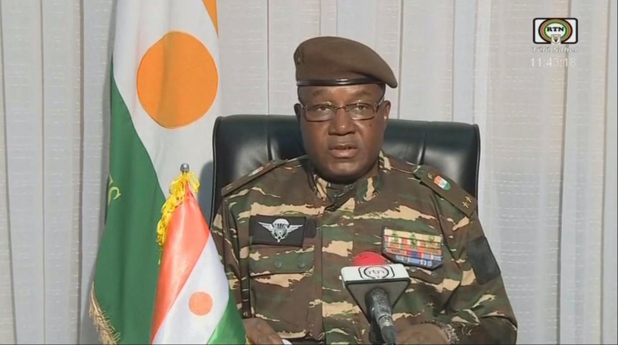 Niger's Gen Abdourahamane Tchiani declares himself head of state on 28 July 2023. ORTN-Télé Sahel/AFP via Getty Images