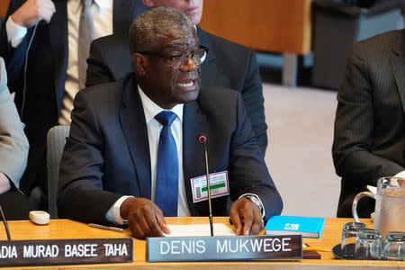 Denis Mukwege speaks at the United Nations Security Council during a meeting about sexual violence in conflict in New York, New York, U.S., April 23, 2019. REUTERS/Carlo Allegri