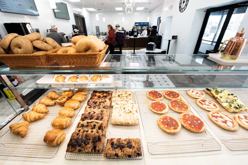 A case displays a variety of fresh-baked Italian specialties, including croissants, focaccia, pizzettas and breakfast pizzas at Alto Bakery & Caffè in Warminster, on Tuesday, January 23, 2024.