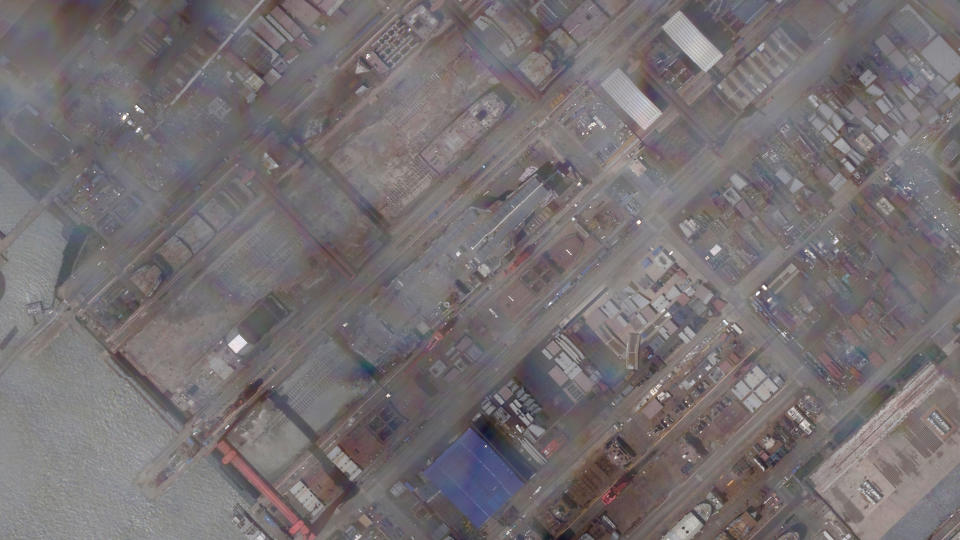 This satellite image provided by Planet Labs PBC shows construction of China's Type 003 aircraft carrier at the Jiangnan Shipyard northeast of Shanghai, China, Tuesday, May 31, 2022. China’s most advanced aircraft carrier to date appears to be nearing completion, satellite photos analyzed by The Associated Press showed Friday, June 3, as experts suggested the vessel could be launched soon. (Planet Labs PBC via AP)
