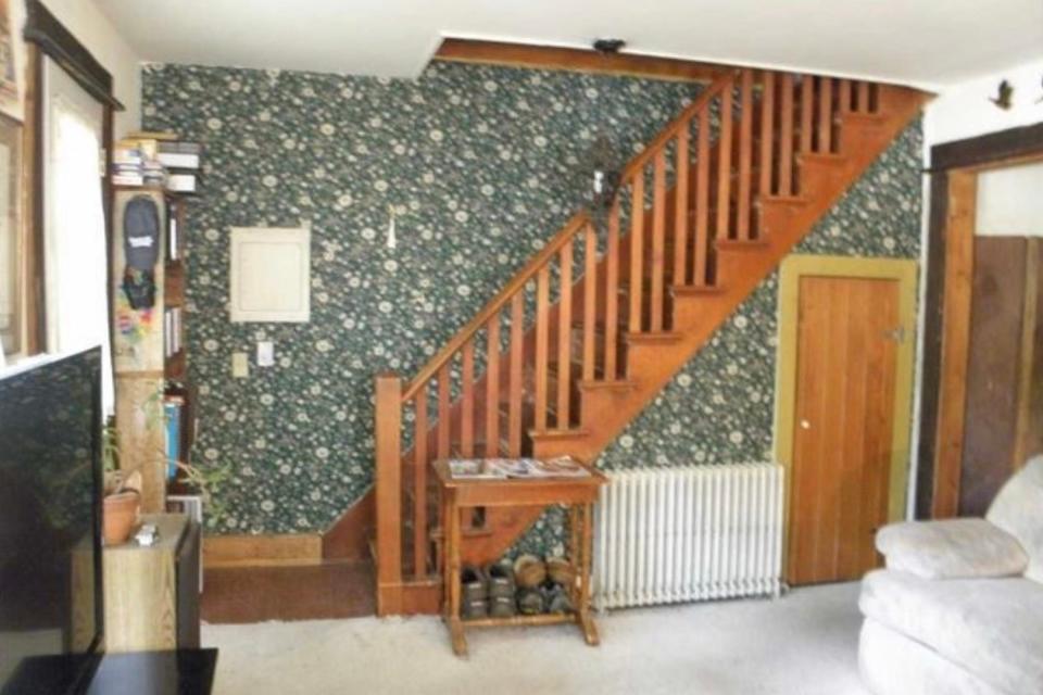 Stairway with blue wallpaper