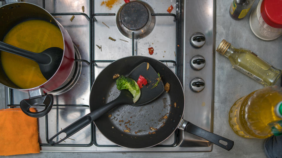 A dirty kitchen after cooking