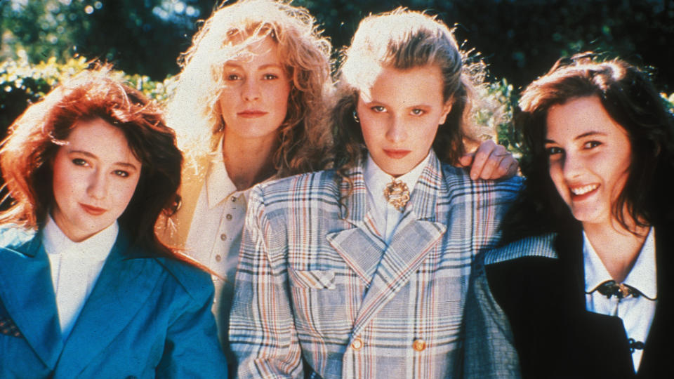 (L to R) Shannen Doherty as Heather Duke, Lisanne Falk as Heather McNamara, Kim Walker as Heather Chandler and Winona Ryder as Veronica Sawyer in Heathers