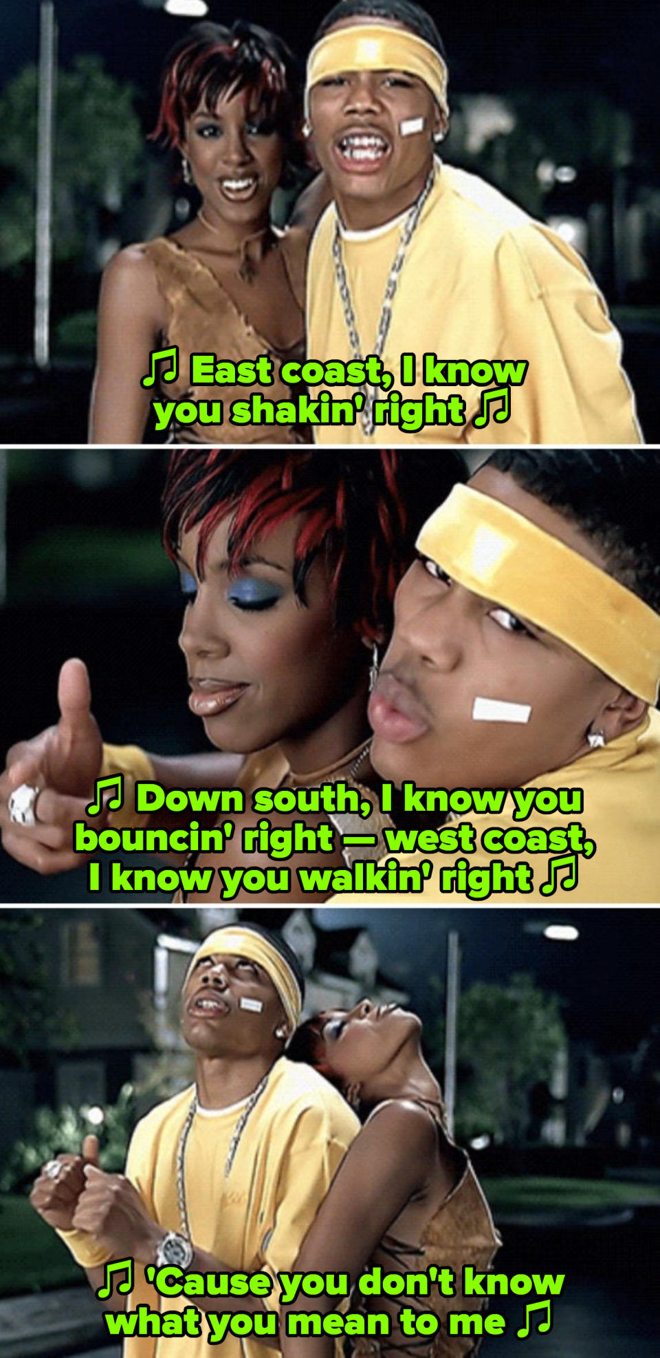 Rowland and Nelly in their "Dilemma" music video, singing: "East coast, I know you shakin' right, down south, I know you bouncin' right"