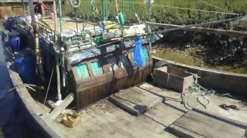 This image from video provided by Ro Mohammed Zowlal Ryz shows the boat of Jamal Hussein, who was captaining the vessel when it sank in rough seas south of Bangladesh on Dec. 7, 2022, carrying around 180 Rohingya refugees. Hussein shot the video and shared it with prospective passengers around Bangladesh's Rohingya refugee camps. (Jamal Hussein via AP)