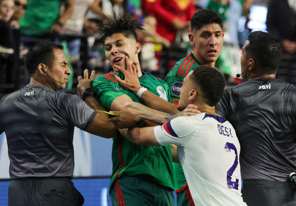 LAS VEGAS, NEVADA - JUNE 15: Gerardo Arteaga #6 of Mexico and Sergi&#xf1;o Dest #2 of the United States push each other in the second half of their game during the 2023 CONCACAF Nations League semifinals at Allegiant Stadium on June 15, 2023 in Las Vegas, Nevada. The United States defeated Mexico 3-0. (Photo by Ethan Miller/USSF/Getty Images for USSF)