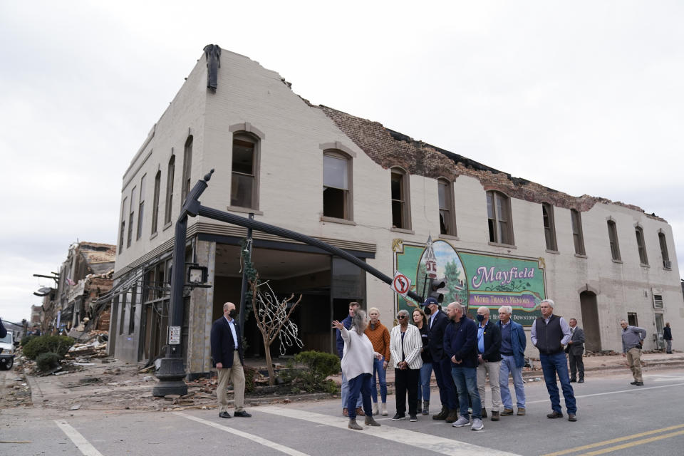 President Joe Biden surveys storm damage from tornadoes and extreme weather in Mayfield, Ky., Wednesday, Dec. 15, 2021. (AP Photo/Andrew Harnik)