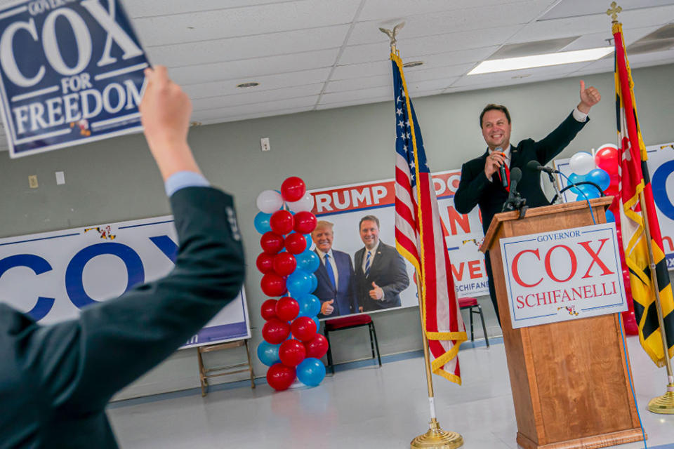 Maryland state Delegate Dan Cox has prominently touted his endorsement from former President Donald Trump. (Nathan Howard/Getty Images)