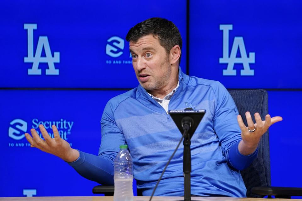 Andrew Friedman, the Dodgers' president of baseball operations, speaks during a postseason news conference.
