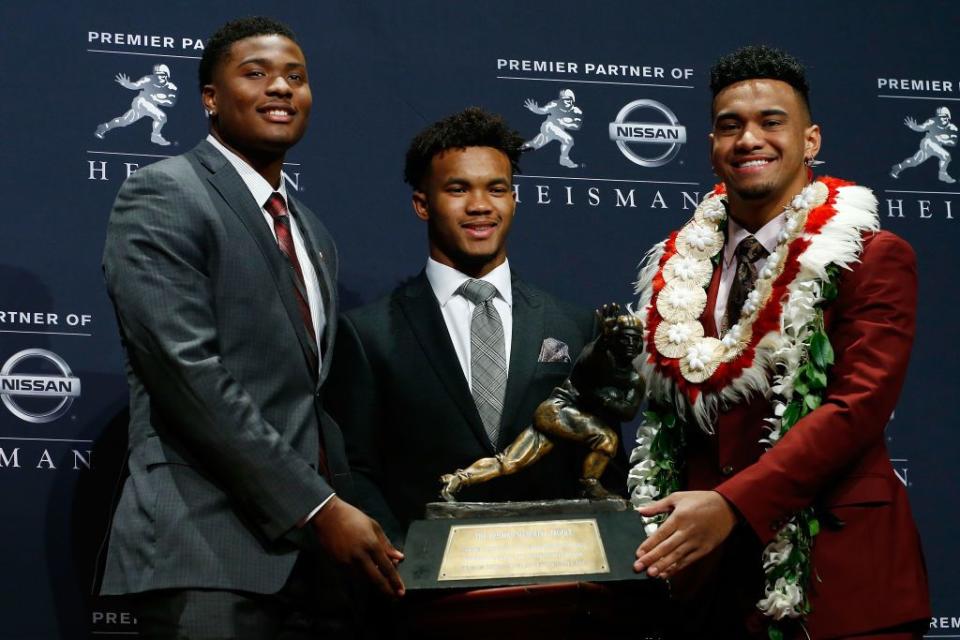 NEW YORK, NY - DECEMBER 08:  Dwayne Haskins of Ohio State, Kyler Murray of Oklahoma, and Tua Tagovailoa of Alabama pose for a photo at the press conference for the 2018 Heisman Trophy Presentationon December 8, 2018 in New York City.  (Photo by Mike Stobe/Getty Images)