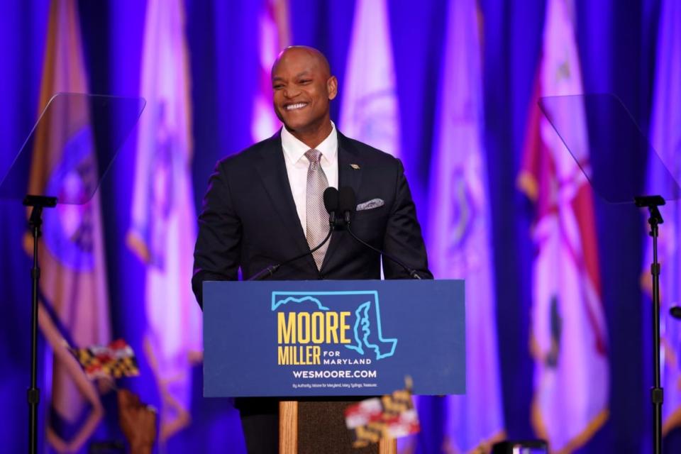Democratic gubernatorial nominee Wes Moore addresses supporters after defeating Republican nominee Dan Cox on November 08, 2022 in Baltimore, Maryland. Moore will become Moore will make history as the state’s first Black governor. (Photo by Rob Carr/Getty Images)