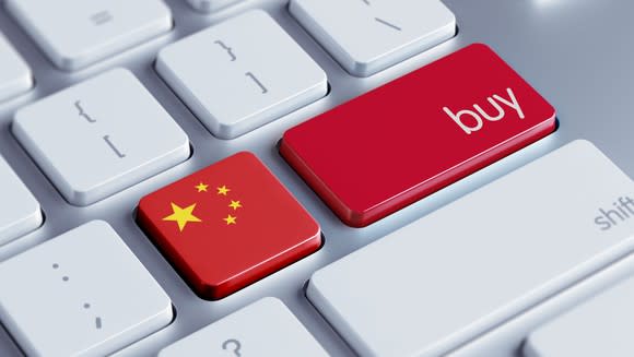 Two red buttons on a white computer keyboard, one with the Chinese flag and the other the word buy.