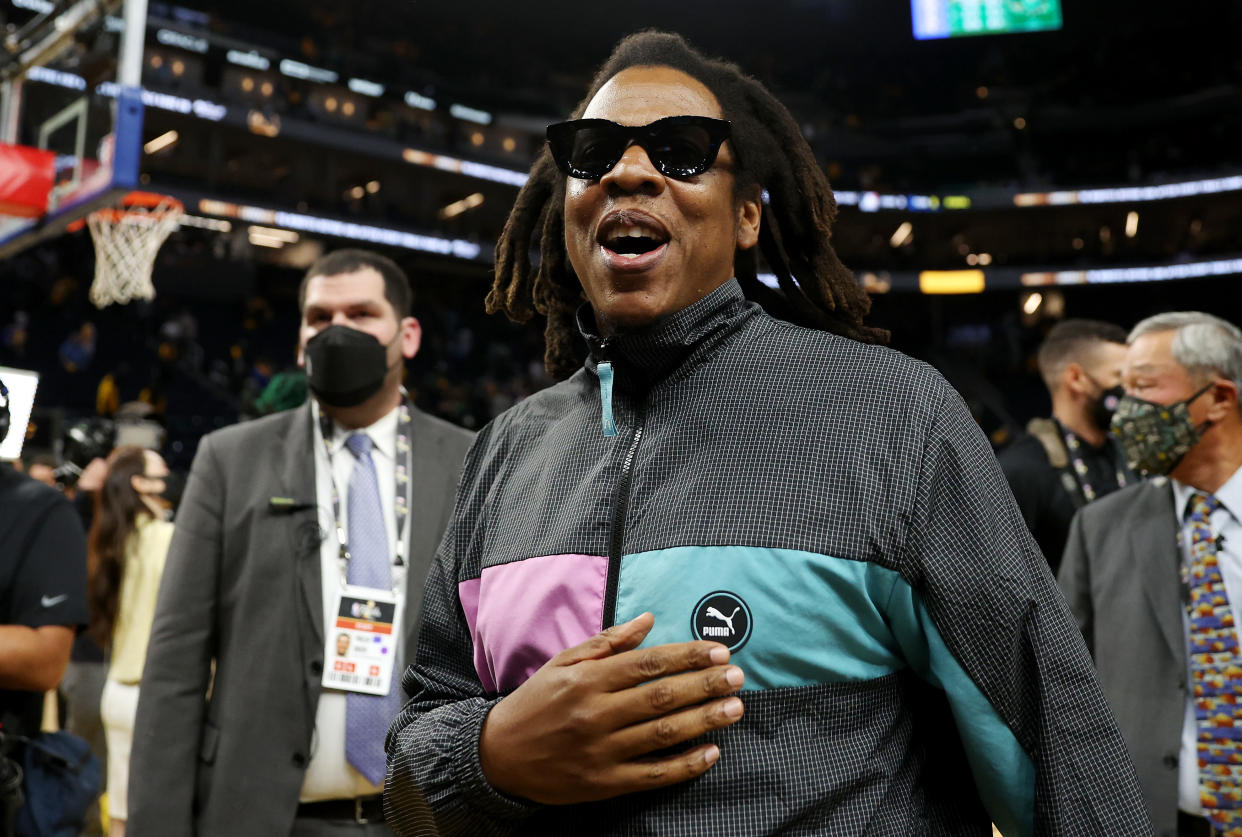 SAN FRANCISCO, CALIFORNIA - JUNE 02: Rapper, Jay Z is seen following the conclusion of Game One of the 2022 NBA Finals at Chase Center between the Golden State Warriors and the Boston Celtics on June 02, 2022 in San Francisco, California. NOTE TO USER: User expressly acknowledges and agrees that, by downloading and/or using this photograph, User is consenting to the terms and conditions of the Getty Images License Agreement. (Photo by Ezra Shaw/Getty Images)