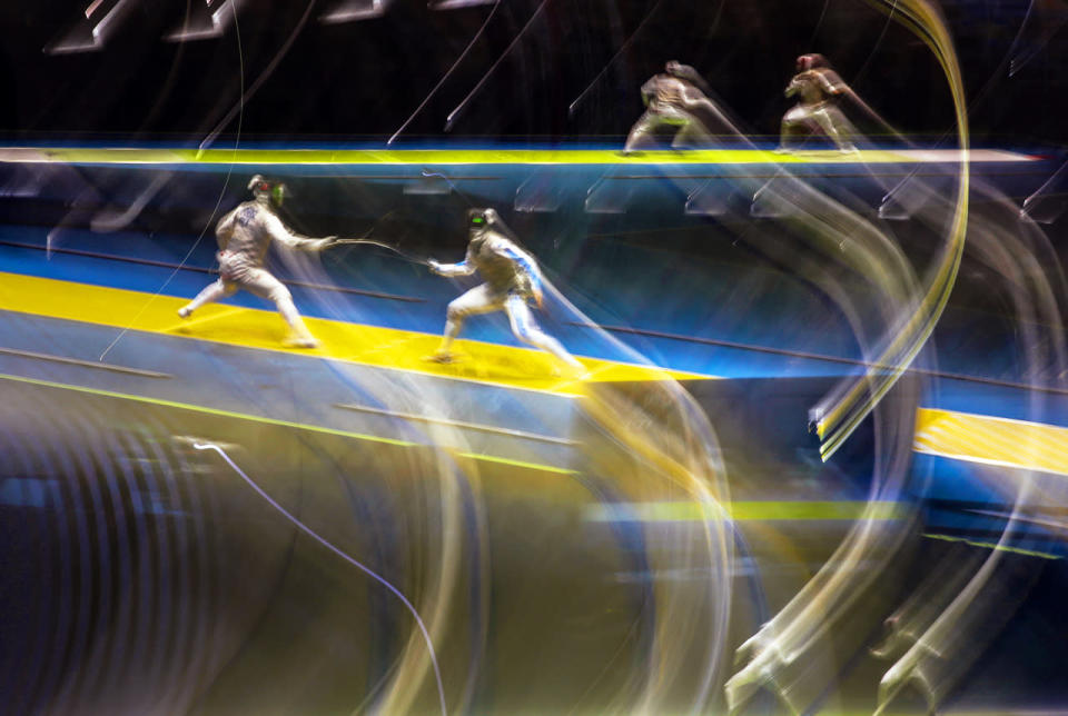 Long exposure of fencing at Olympics