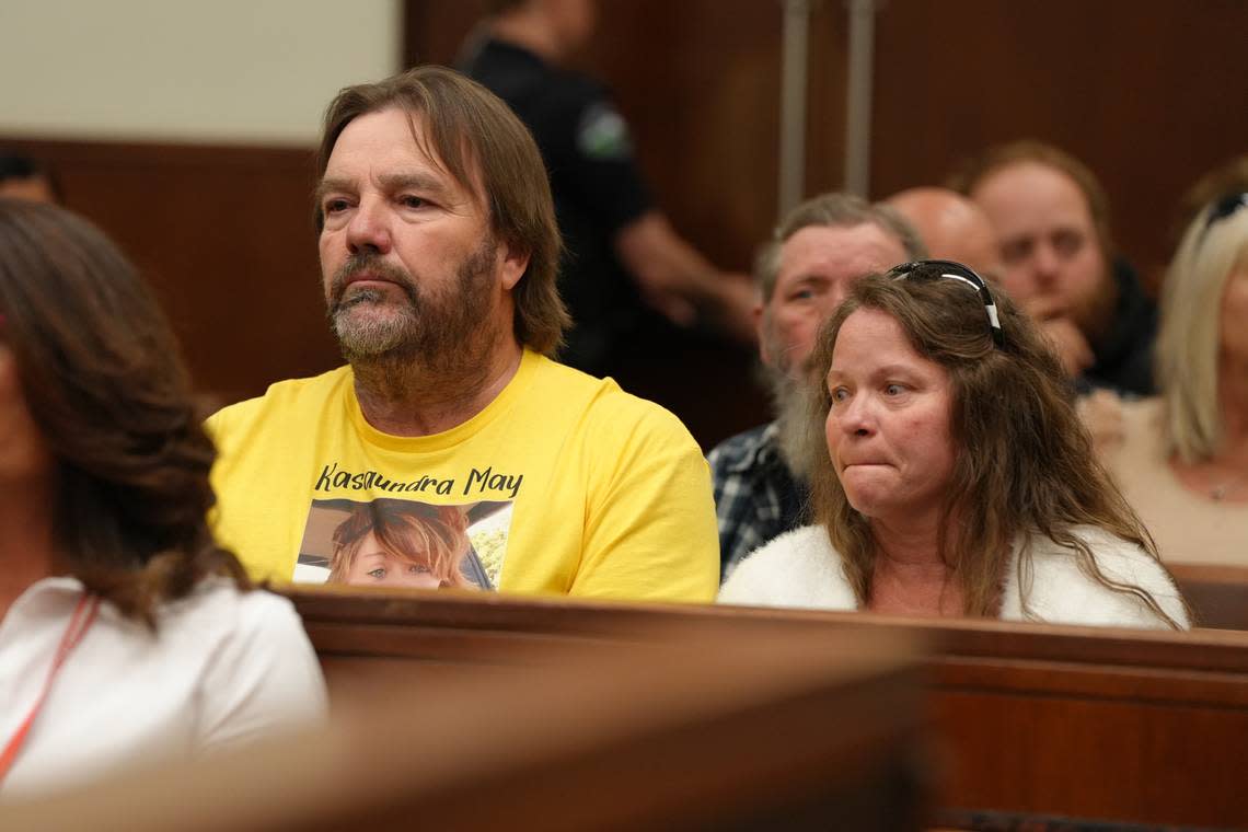 Vickie Turner and Chris Turner, the parents of Kasaundra “Kassy” May Booker, appear in Whatcom County Superior Court on July 1, 2024, at the sentencing hearing for Shilo Aron Englert, 35, who pleaded guilty to one count of second-degree manslaughter in the fatal shooting of Booker.