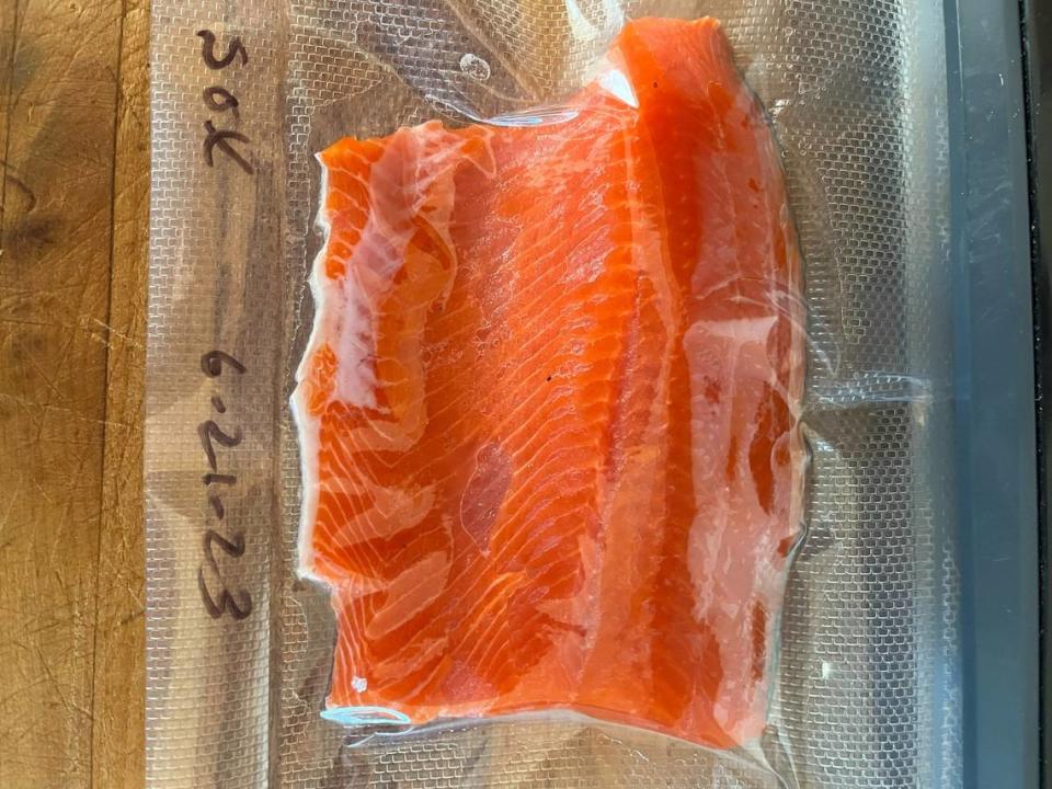 A shoulder roast from a fresh-caught sockeye, packed up and ready for later eating.