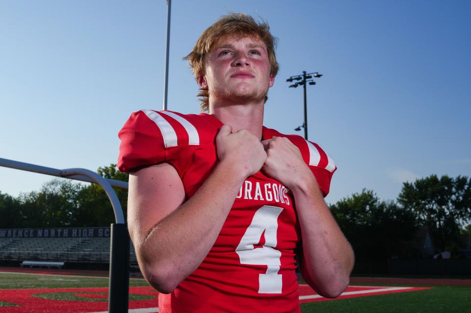 New Palestine's Grayson Thomas poses for a photo Thursday, August 3, 2023, at Lawrence North High School in Indianapolis.  