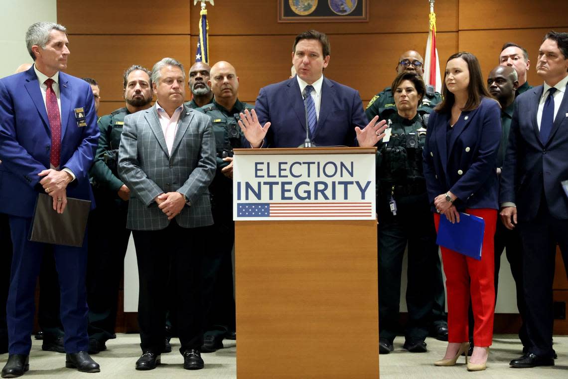 Gov. Ron DeSantis discusses the arrests of former felons on voting fraud charges during a news conference at the Broward County Courthouse in Fort Lauderdale on Thursday, Aug. 18, 2022.