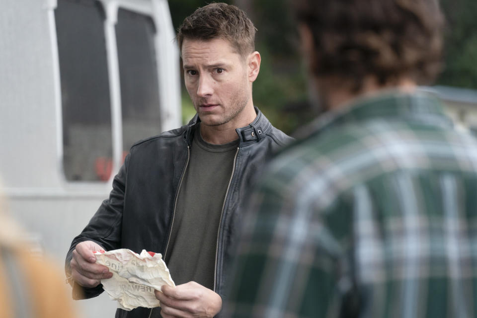 This image released by CBS shows Justin Hartley, as Colter Shaw, in a scene from "Tracker," premiering Feb. 11. (Michael Courtney/CBS via AP)