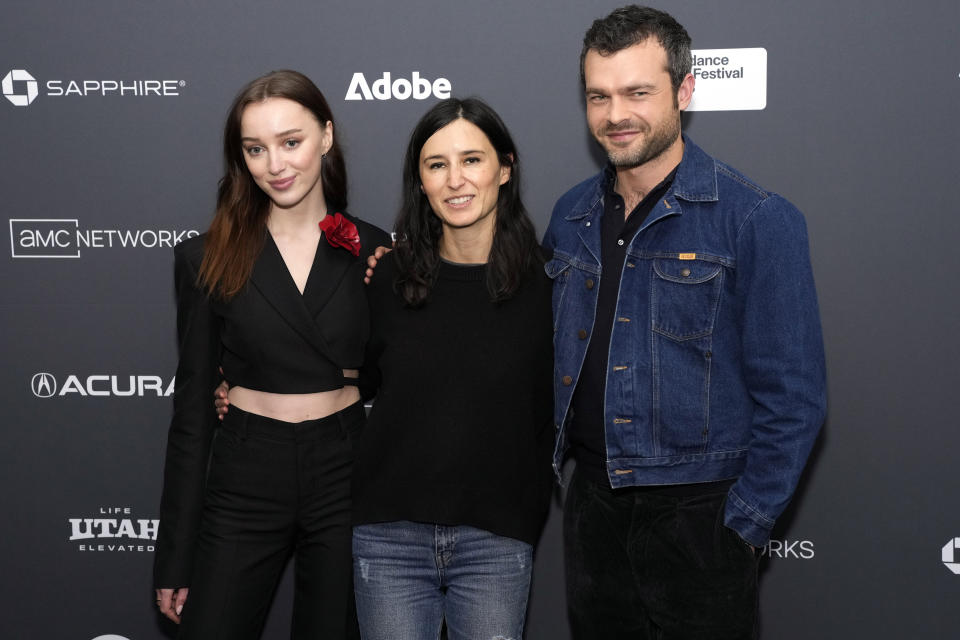 Phoebe Dynevor, left, Chloe Domont and Alden Ehrenreich attend the premiere of "Fair Play" at the Library Center Theatre during the 2023 Sundance Film Festival on Friday, Jan. 20, 2023, in Park City, Utah. (Photo by Charles Sykes/Invision/AP)