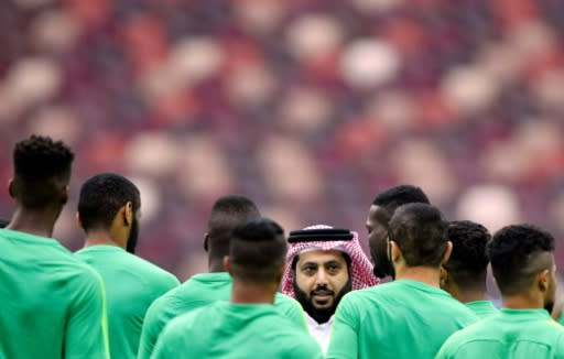 Saudi Arabia players listen to the head of the General Authority for Saudi Sport, Turki Al-Sheikh (C), as they gather during a training session at the Luzhniki stadium in Moscow on June 13, 2018 ahead of the Russia 2018 World Cup football tournament
