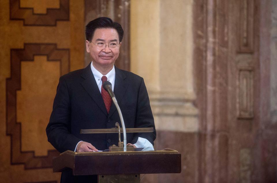 File: Taiwan’s foreign minister Joseph Wu delivering a speech in Prague on 27 October 2021 (AFP via Getty Images)