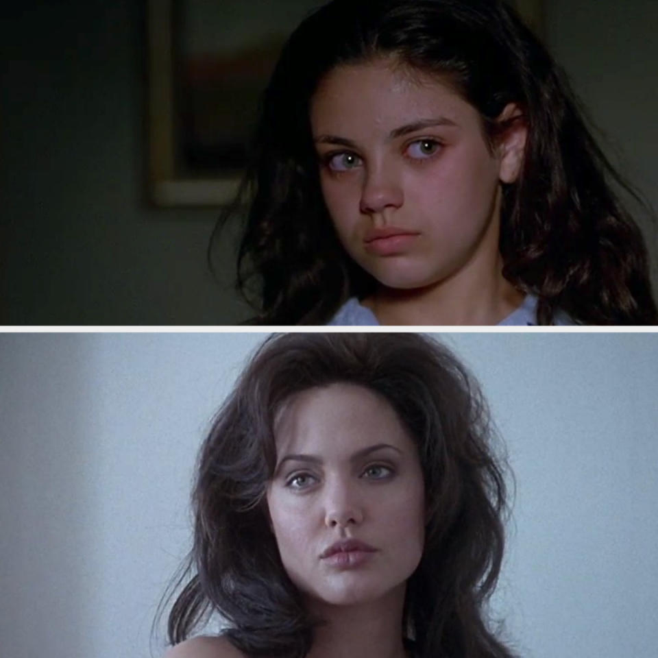 Top: Mila Kunis with a distressed expression.Bottom: Angelina Jolie looking serious.