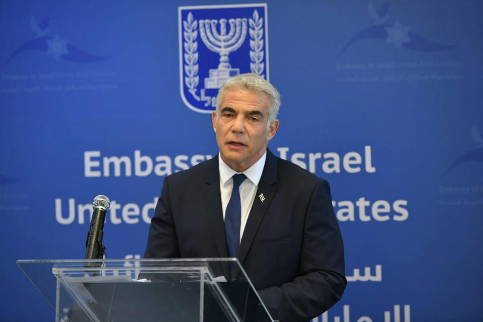 In this photo made available by the Israeli Government Press Office, Israeli Foreign Minister Yair Lapid speaks during the inauguration of the Israeli Embassy in Abu Dhabi, United Arab Emirates, Tuesday, June 29, 2021. Israel’s new foreign minister is in the UAE on the first high-level trip by an Israeli official to the Gulf Arab state since the two countries normalized relations last year. (Shlomi Amsalem/Government Press Office via AP)