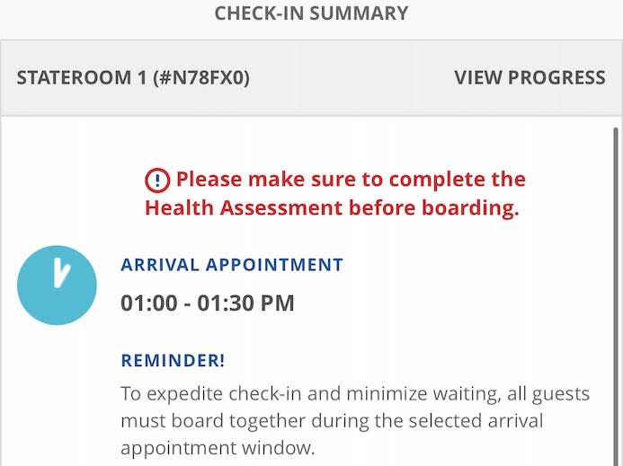 A screenshot of the notification that I hadn't filled out the health assessment form yet.